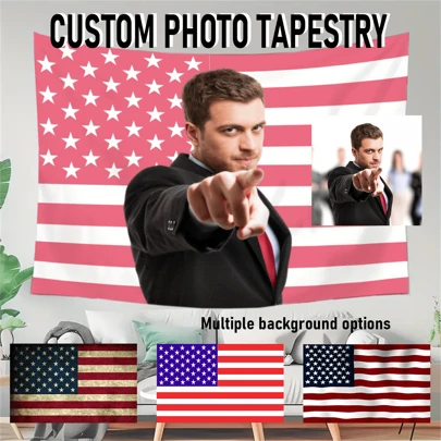 1pc Customizable Photo American Flag Background Tapestry, Indoor/Outdoor Bedroom Living Room Decor, Ideal Gift For Him/Her, Boyfriend, Girlfriend, Dad, Mom, Family, Friends, Pets, Birthday Gift