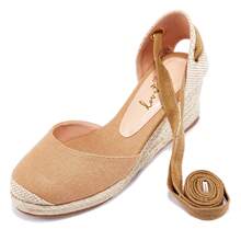 Womens Platform Espadrille Sandals Lace Up Closed Toe Summer Wedge Sandals Christmas Gift & New Year Gift - 卡其色 - 查看 3