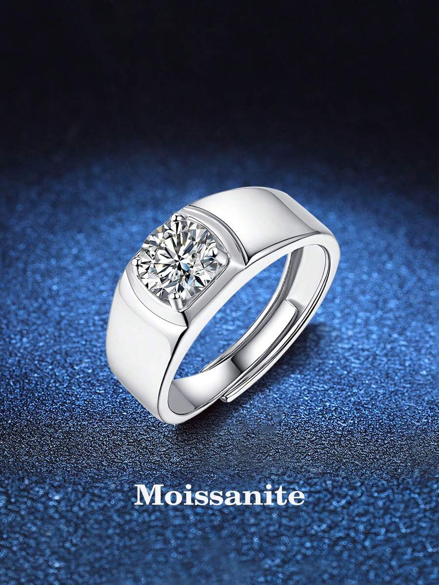 1 chiếc nhẫn đính đá Mozambique 1 carat bạc 925 phong cách Hip Hop thời trang, phù hợp với trang phục hàng ngày của nam giới, trang sức thời trang nam cho ngày cưới, quà tặng ngày lễ tình nhân - Bạc - Xem 1