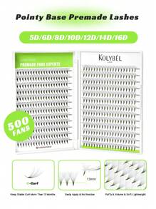 KOLYBEL 500 Fãs de extensões de cílios de leque pré-fabricados de 5D/6D/8D/10D/12D/14D/16D 8-15mm Comprimento Misto, Fãs de cílios pré-fabricados C Curl, Base fina e pontiaguda, Volume feito à mão, Fãs de extensões de cílios pré-fabricados