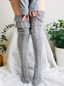 1 Pair Women's Over The Knee Gray Thick Knitted Woolen Leg Warmers For Winter Fashion