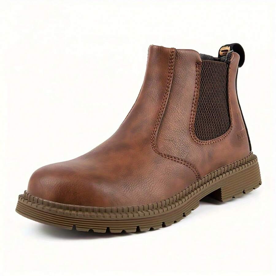 Unisex Brown‑Leather Steel‑Toe Work Boots, Anti‑Smash, Anti‑Puncture And Anti‑Shock. Perfect For Construction, Factory, Warehouse, Automotive Repair - Brown - View 1