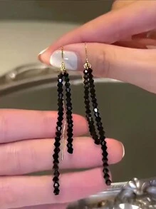 1pair Fashionable Black Beaded Long Tassel Threader Earrings With Unique Design - Tassel - View 7