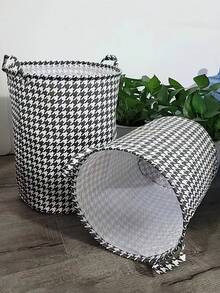 1入千鳥格大容量收納袋，帶手柄的髒衣籃玩具衣物收納籃家用可折疊洗衣袋，髒衣籃可折疊節省空間，洗衣籃家庭防水收納籃時尚格子紋帶手柄適用於家庭和學生宿舍 - 黑與白 - 查看 3