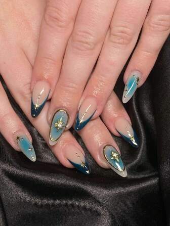 24Pcs Long Almond-Shaped Press On Nails Halloween New Eight-Pointed Star Blue French Edge Multi-Star Party Party Essential Nail With Jelly Glue And File Strip 1 Piece Nail Supplies Nails