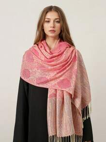 2024新款奢华亮丽羊绒触感围巾 女士提花头巾 新款头巾 羊绒披肩 旅行斗篷 保暖毯 冬季披肩 女士披肩 - 西瓜粉 - 查看 4