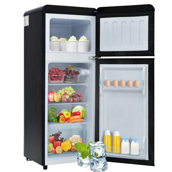 Merax Mini Kühlschrank Retro Kühl-/Gefrierkombination BCD-102, 101 cm hoch, 41 cm breit, 92 Liter, Metall Türgriff, verstellebare Ablage und Füße