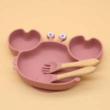 Baby Silicone Feeding Set, Cartoon Crab-Shaped Plate With Wooden Spoon And Fork,  And Non-Slip