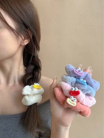 2pcs Colorful Dachshund Face Big Eyes Plush Scrunchies Hair Accessories, For Girls Daily Wear, Suitable For Long & Thick Hair, Can Be Used As Gift