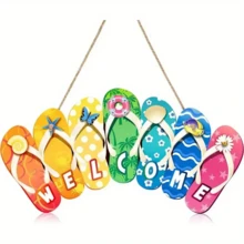 1pc, Creative Summer Slippers Hanging Sign Ice Welcome Sign - Welcome Hello Flip Flop Wooden Door Decor For Home, Party, And Scene Decoration - Multicolor - View 7