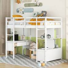 MERAX Twin Size Loft Bed With Built-In Desk With Two Drawers, And Storage Shelves And Drawers - 白色 - 查看 1