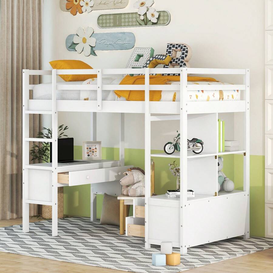 MERAX Twin Size Loft Bed With Built-In Desk With Two Drawers, And Storage Shelves And Drawers - 白色 - 查看 1