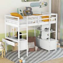 MERAX Twin Size Loft Bed With Built-In Desk With Two Drawers, And Storage Shelves And Drawers - 白色 - 查看 3
