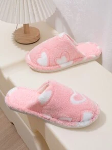 Ladies' Printed Heart Shaped Plush Flat Slippers, Suitable For Indoor And Outdoor Use On Flat Ground - Pink - View 6