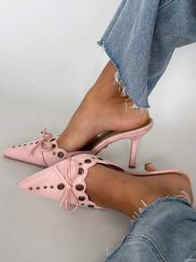 High Heeled Mules For Women Slip On Pointy Bow Heels Suede Dress Kitten Pumps Backless Wedding Shoes - 粉色 - 查看 1