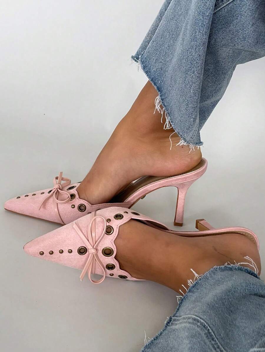 High Heeled Mules For Women Slip On Pointy Bow Heels Suede Dress Kitten Pumps Backless Wedding Shoes - 粉色 - 查看 1