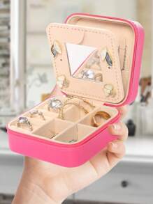 1pc Fashionable Portable Travel Jewelry Box, Exquisite Synthetic Leather High Water Resistance Surface, Mirror Jewelry Case, Suitable For Daily Jewelry Storage Or Traveling With Accessories, Gift For Women And Girls