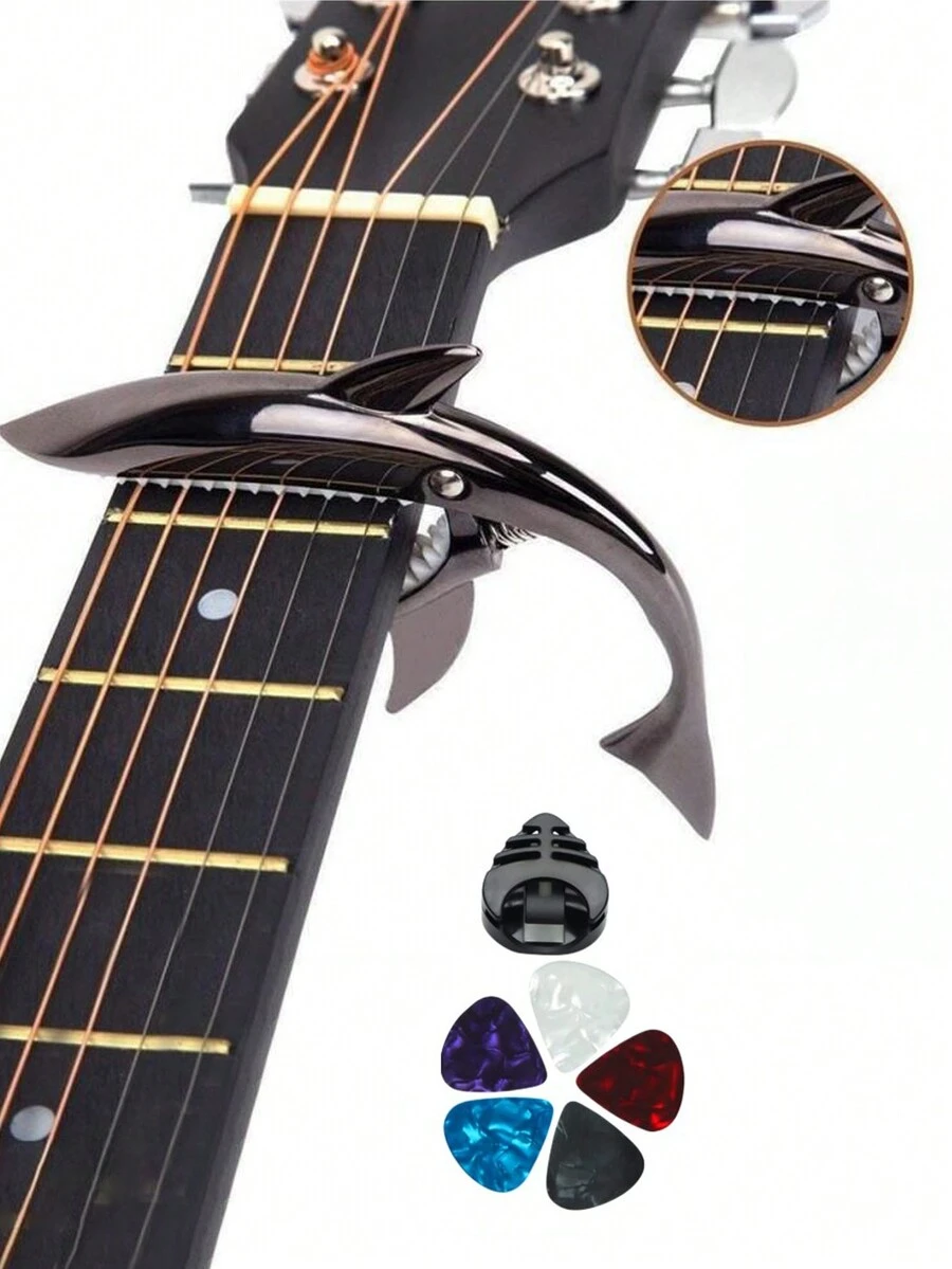 7 Pcs Guitar Capo Shark Capo For Acoustic And Electric Guitar With Good Hand Feeling, No Fret Buzz And Durable(Black) - Gun Color Shark + Pick - View 1