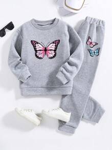 Set aus warmem Rundhals-Sweatshirt und Hose mit Schmetterlingsdruck für Tween Mädchen