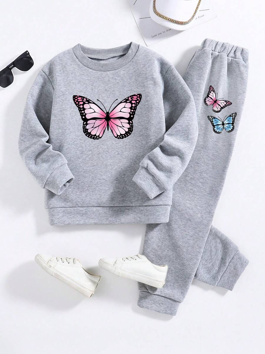 Set aus warmem Rundhals-Sweatshirt und Hose mit Schmetterlingsdruck für Tween Mädchen
