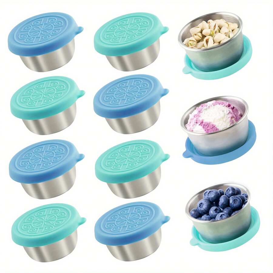 Juego de 2/4/6/8 envases para ensalada para llevar, tazas para salsa de acero inoxidable 304 de 1.6 oz con tapa de silicona a prueba de fugas, recipientes reutilizables para condimentos, pequeños recipientes para salsa adecuados para lonchera/trabajo/escuela/picnic/viaje, accesorios de bento, cocina, regalo de Navidad, útiles escolares - verde menta y azul - Ver 1