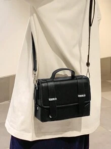 peach tree 1 件可调节肩带翻盖闭合纯色单肩包，休闲复古商务通勤防水 PU 迷你邮差斜挎包圣诞男士包度假爸爸礼物复古包包斜挎包春季复古包学校用品迷你包小包钱包大学包新生活用品学生男士必需品时尚男士包毕业男士小包男士身体包 - 黑色 - 查看 4