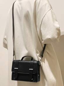 peach tree 1 件可调节肩带翻盖闭合纯色单肩包，休闲复古商务通勤防水 PU 迷你邮差斜挎包圣诞男士包度假爸爸礼物复古包包斜挎包春季复古包学校用品迷你包小包钱包大学包新生活用品学生男士必需品时尚男士包毕业男士小包男士身体包 - 黑色 - 查看 3