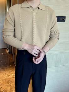 Áo len dài tay cổ polo họa tiết đơn giản cho nam, mùa thu/đông - Màu Khaki - Xem 2