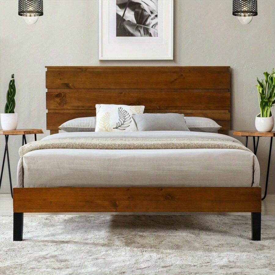 Mid-Century Modern Solid Wood Platform Bed Frame, Three-Piece Headboard Design - No Box Spring Needed - Brown - View 1