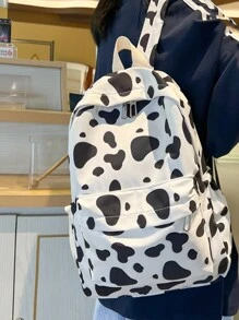 Casual Large Capacity Cow Pattern Backpack, Fashionable Solid Color Simple School Bag For Girls, Casual Cow Print Pattern Purse For Women