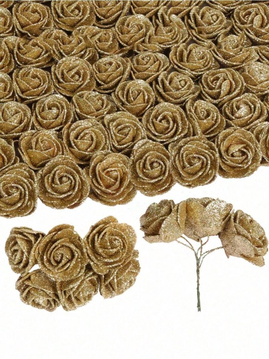 60Pcs Glitter Artificial Flowers Foam Glitter Roses Foam Rose With Stems For DIY Wedding Bridal Bouquet Home Party Christmas Decoration 4.5cm/1.77in Hair Decor Valentine'S Day Mother'S Day Gift Wedding Decor - 金色 - 查看 1