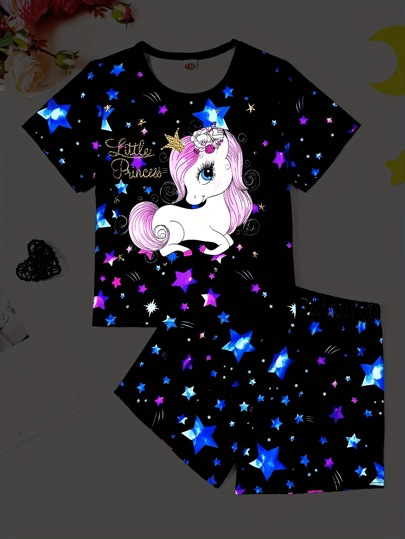 Conjunto casual de verano con Top de manga corta y shorts con estampado de unicornio y estrellas que brillan en la oscuridad para niñas preadolescentes