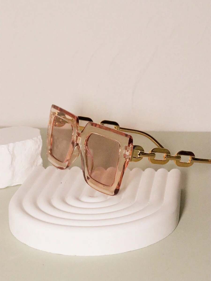 1pc Colorful Square Frame Metal Chain Legs Casual/Holiday/Beach Party Fashion Glasses,School - Light Brown - View 1