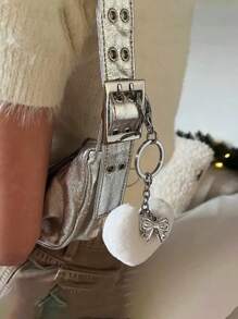 1 Pc Handmade Bowknot Ribbon Keychain With Plush Heart Pendant Keyring Bag Charm Fashionable Accessory For Fashion Lovers(White And Black) Valentine's Day Valentines Car Accessories School Cute Goth Y2k - Black and White - View 3