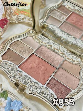 CHEERFLOR Paleta de maquillaje con relieve, sombra de ojos en polvo mate y con brillo, altamente pigmentada y de larga duración, brillo luminoso y mate, ligera y suave, con espejo, iluminadores, polvos de contorno y rubor todo en una paleta de maquillaje