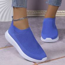 Women's Fashionable Solid Color Slip-On Breathable Running Shoes - Blue - View 3