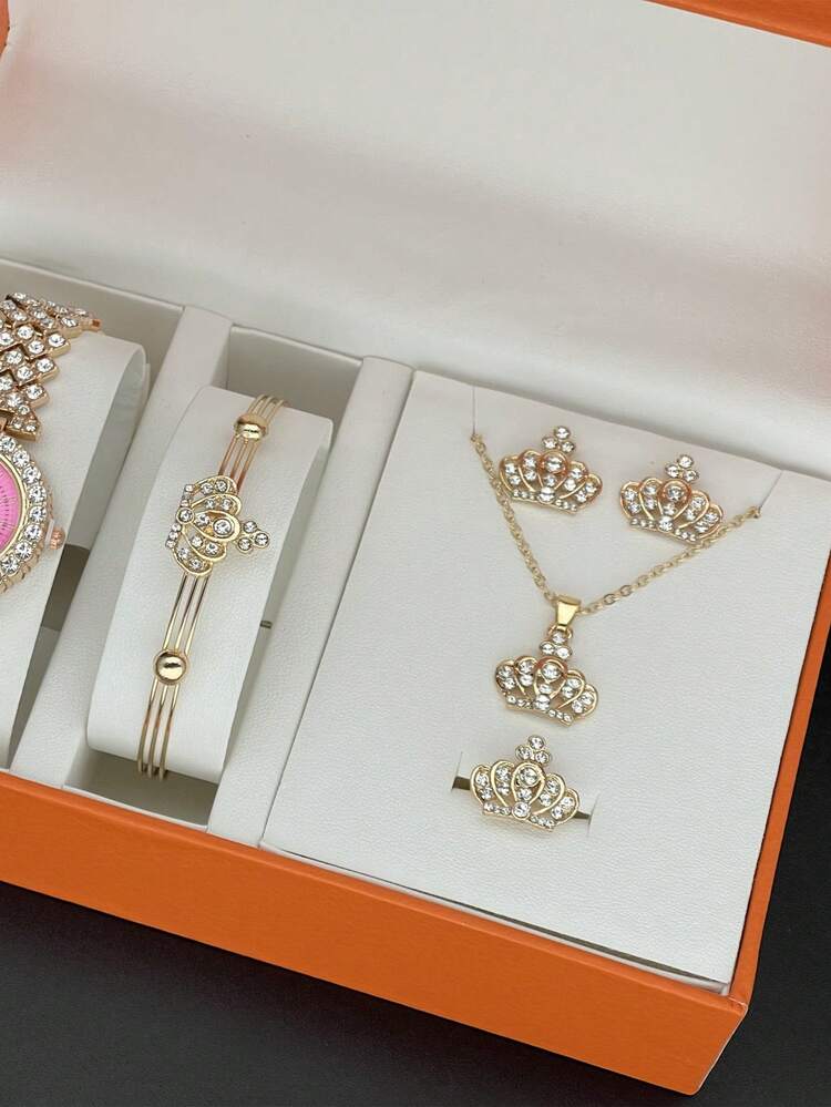 Bộ Vòng Cổ Vương Miện Nữ, Vòng Tay Vương Miện Đính Kim Cương Thời Trang, Nhẫn, Bông Tai 4 Món Quà Trang Sức - Vàng - Xem 3