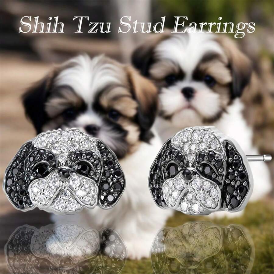Creative Personality Shining Black And White Rhinestone Cute Shih Tzu Pet Stud Earrings For Women Exquisite Cartoon Puppy Animal Jewelry Accessories Gift For Mother, Wife, Daughter, Girl