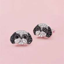 Creative Personality Shining Black And White Rhinestone Cute Shih Tzu Pet Stud Earrings For Women Exquisite Cartoon Puppy Animal Jewelry Accessories Gift For Mother, Wife, Daughter, Girl