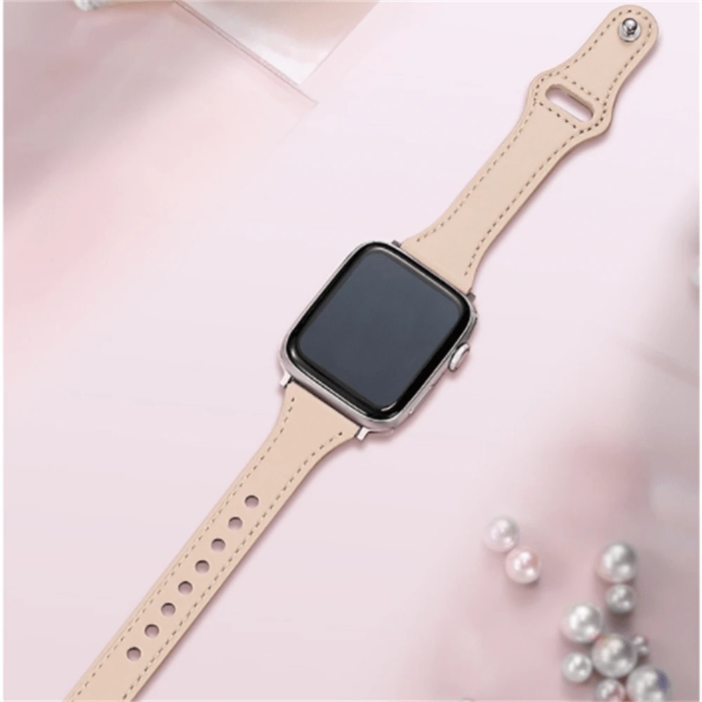 Apple Watch Band Compatible With Apple Watch Series 5/6/7/8, T-Buckle Leather Strap - Apricot - View 1