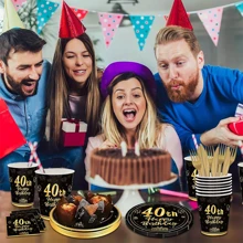 10pcs/20pcs Black And Gold 40th Birthday Party Supplies 40 Years Old Paper Plates Napkins Birthday Party Decorations Tableware For Men And Women Birthday Table Decorations, For Christmas Party, - Multicolor - View 4