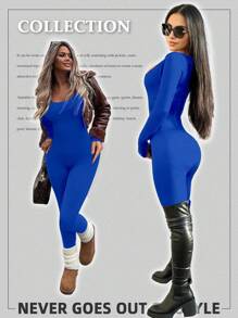 Yefecy Women's Solid Ribbed Long Sleeve Jumpsuits Second-Skin Feel Tight-Fitting Play Suit , Workout Ribbed Long Sleeve Exercise Sportswear Jumpsuits One-Piece Yoga Suit Spring - Blue - View 5