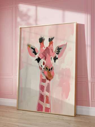 1 pieza Cartel de lienzo rosa lindo del jirafa sin marco, arte de pared impermeable, pintura decorativa para regalo, decoración de habitación preppy, decoración rosa de habitación, decoración de habitación de baño, decoración de comedor, decoración de cocina, decoración de sala de estar, decoración de oficina, decoración de cafetería, decoración para hogar y oficina