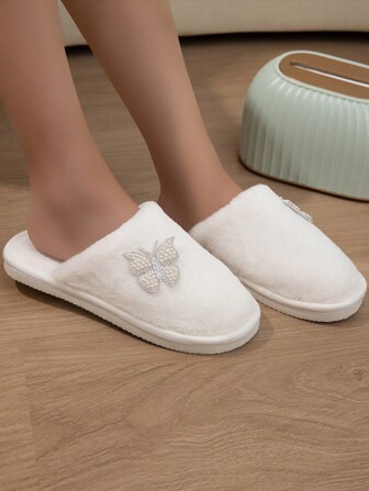 New Style Large Bowknot Autumn/Winter Slippers, Plush Lined Shoes, Comfortable Indoor Slippers