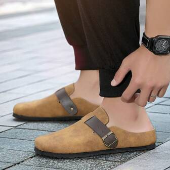 Brown Slip-On Slippers For Men, Casual Retro Mule Shoes