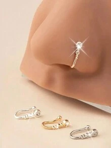 1 pieza Nuevo clip de nariz de moda para mujer, anillo de nariz de cobre con diseño redondo e incrustaciones de circonita cúbica, adecuado para uso diario