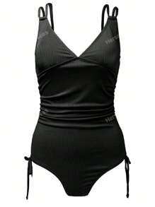 Women Ribbed Knit One Piece Swimsuit Adjustable Straps V Neck Bathing Suit Side Tie Cutout Back Swimwear Summer