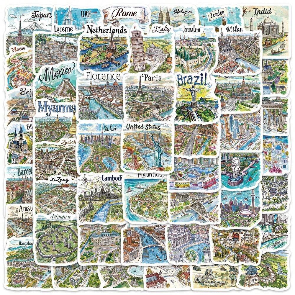 50PCS Hand-Drawn Style Travel Map Landmarks World Landscape Cartoon ...