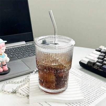1pc Glass Coffee Mug With Simple Stripe & Straw, Water Bottle