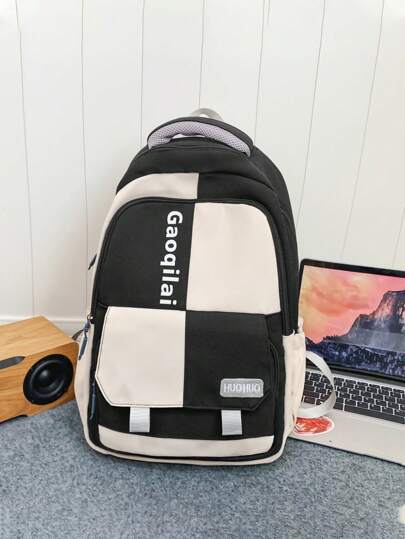 1 件回到学校大容量书包带笔记本电脑隔层时尚个性化多功能多用途背包钱包颜色对比 & 剪裁和缝纫 & 带字母印花防水优质尼龙学校背包带可调节肩带和多个口袋书包轻便便携式双拉链包休闲旅行背包非常适合毕业生户外旅行 & 初中 & 高中 & 大学生通勤书包大容量学校用品